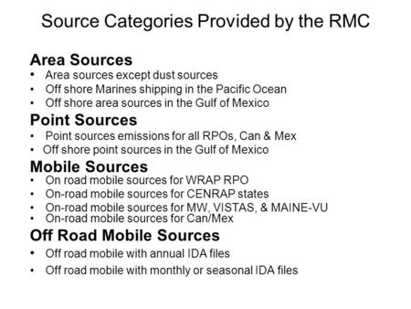 Area Sources Area sources except dust sources Off shore Marines shipping in the Pacific Ocean Off shore area sources in the Gulf of Mexico Point Sources.