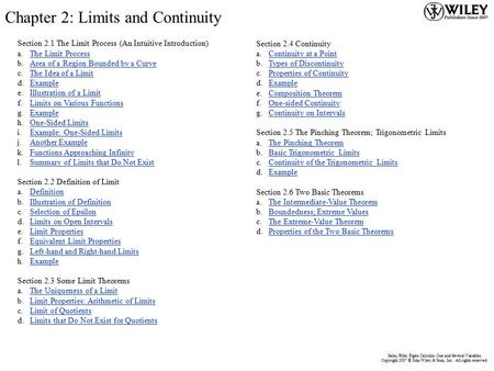 Main Menu Salas, Hille, Etgen Calculus: One and Several Variables Copyright 2007 © John Wiley & Sons, Inc. All rights reserved. Section 2.1 The Limit Process.