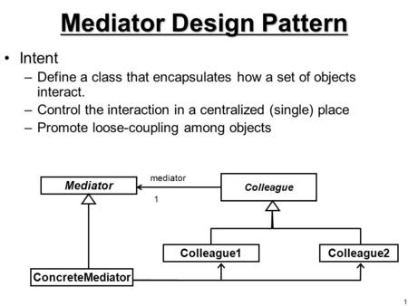 1 Colleague Colleague1Colleague2 Mediator mediator ConcreteMediator Mediator Design Pattern Intent –Define a class that encapsulates how a set of objects.