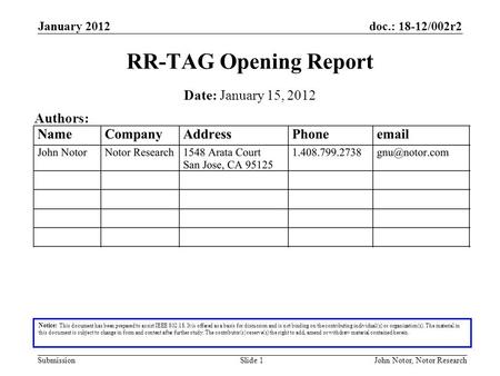 Doc.: 18-12/002r2 Submission January 2012 John Notor, Notor ResearchSlide 1 RR-TAG Opening Report Notice: This document has been prepared to assist IEEE.