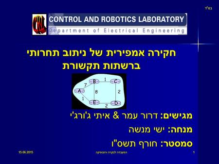 15.06.2015 המעבדה לבקרה ורובוטיקה 1 חקירה אמפירית של ניתוב תחרותי ברשתות תקשורת מגישים : דרור עמר & איתי ג ' ורג ' י מנחה : ישי מנשה סמסטר : חורף תשס 