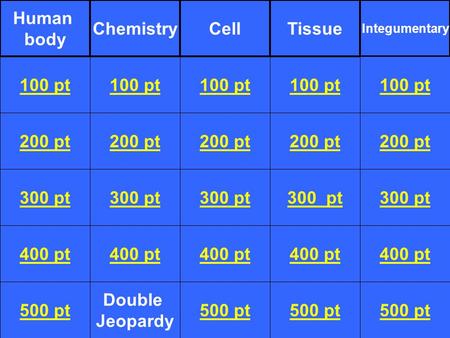 200 pt 300 pt 400 pt 500 pt 100 pt 200 pt 300 pt 400 pt Double Jeopardy 100 pt 200 pt 300 pt 400 pt 500 pt 100 pt 200 pt 300 pt 400 pt 500 pt Double Jeopardy.