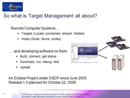 DSDP Poster : Eclipse Summit Europe 2006 | © 2006 by IBM and Wind River Systems all content except logos and trademarks is made available under the EPL.