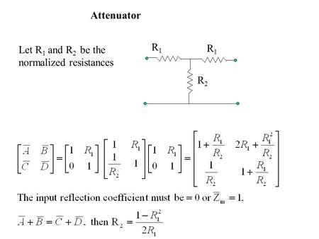 Attenuator R1R1 R1R1 R2R2 Let R 1 and R 2 be the normalized resistances.