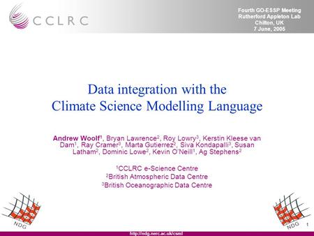 1  Fourth GO-ESSP Meeting Rutherford Appleton Lab Chilton, UK 7 June, 2005 Data integration with the Climate Science Modelling.