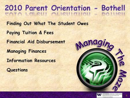 1 Finding Out What The Student Owes Paying Tuition & Fees Financial Aid Disbursement Managing Finances Information Resources Questions.