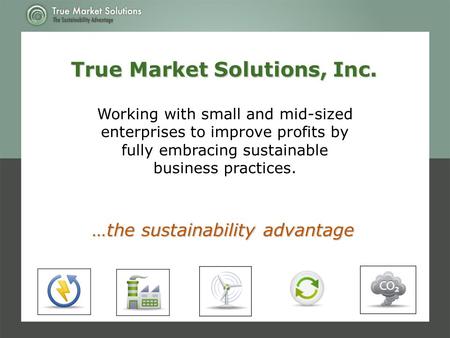 Working with small and mid-sized enterprises to improve profits by fully embracing sustainable business practices. …the sustainability advantage True Market.