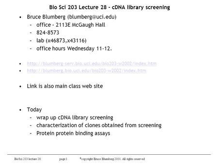 BioSci 203 lecture 28 page 1 © copyright Bruce Blumberg 2001. All rights reserved Bio Sci 203 Lecture 28 - cDNA library screening Bruce Blumberg