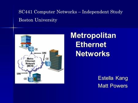 Metropolitan Ethernet Networks Estella Kang Matt Powers SC441 Computer Networks – Independent Study Boston University.