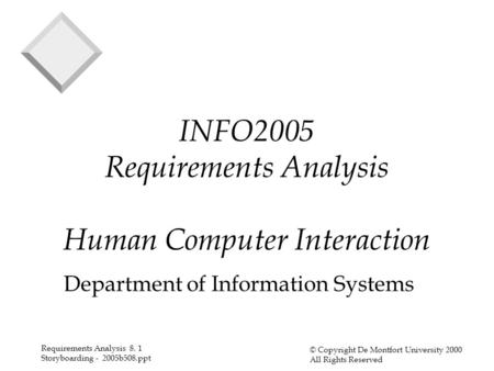 Requirements Analysis 8. 1 Storyboarding - 2005b508.ppt © Copyright De Montfort University 2000 All Rights Reserved INFO2005 Requirements Analysis Human.