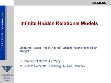 C O R P O R A T E T E C H N O L O G Y Information & Communications Intelligent Autonomous Systems Infinite Hidden Relational Models Zhao Xu 1, Volker Tresp.