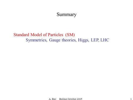 Summary Standard Model of Particles (SM)