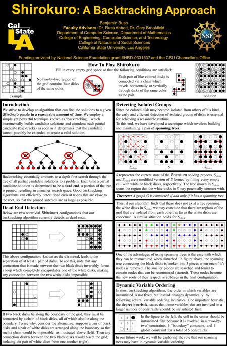 Shirokuro : A Backtracking Approach Benjamin Bush Faculty Advisors: Dr. Russ Abbott, Dr. Gary Brookfield Department of Computer Science, Department of.