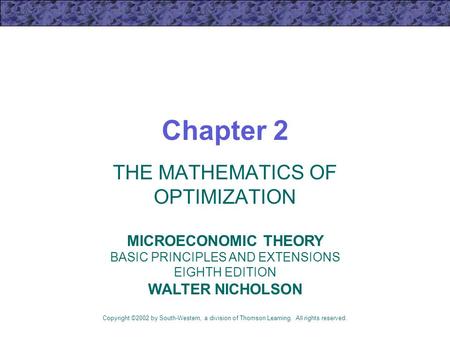 THE MATHEMATICS OF OPTIMIZATION