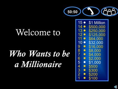 15 14 13 12 11 10 9 8 7 6 5 4 3 2 1 $1 Million $500,000 $250,000 $125,000 $64,000 $32,000 $16,000 $8,000 $4,000 $2,000 $1,000 $500 $300 $200 $100 Welcome.