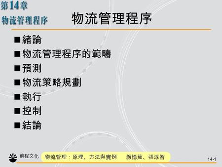 物流管理程序 緒論 物流管理程序的範疇 預測 物流策略規劃 執行 控制 結論.