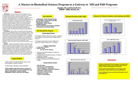 A Masters in Biomedical Sciences Program as a Gateway to MD and PhD Programs Ingoglia, NA, and Brezenoff, H.E. UMDNJ - GSBS, Newark, NJ, Abstract Outcome.