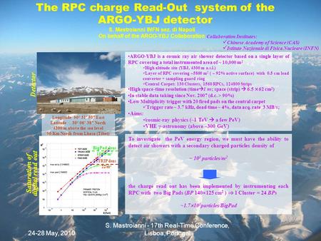 24-28 May, 2010 S. Mastroianni - 17th Real-Time Conference, Lisboa, Portugal ARGO-YBJ is a cosmic ray air shower detector based on a single layer of RPC.