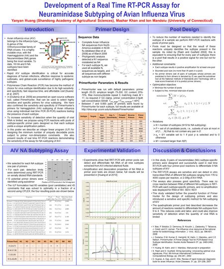 Development of a Real Time RT-PCR Assay for Neuraminidase Subtyping of Avian Influenza Virus Yanyan Huang (Shandong Academy of Agricultural Sciences),