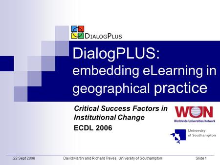 22 Sept 2006David Martin and Richard Treves, University of SouthamptonSlide 1 DialogPLUS: embedding eLearning in geographical practice Critical Success.