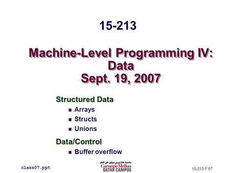 Machine-Level Programming IV: Data Sept. 19, 2007 Structured Data Arrays Structs UnionsData/Control Buffer overflow class07.ppt 15-213 15-213 F’07.