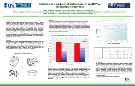 Inhibition as a predictor of performance on an Old/New recognition memory task Chase Kluemper 1, Seth Kiser 1, Yang Jiang 1, Jane E. Joseph 2, & Thomas.