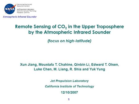 National Aeronautics and Space Administration Jet Propulsion Laboratory California Institute of Technology Pasadena, California Atmospheric Infrared Sounder.