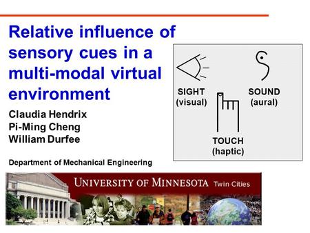 Relative influence of sensory cues in a multi-modal virtual environment Claudia Hendrix Pi-Ming Cheng William Durfee Department of Mechanical Engineering.