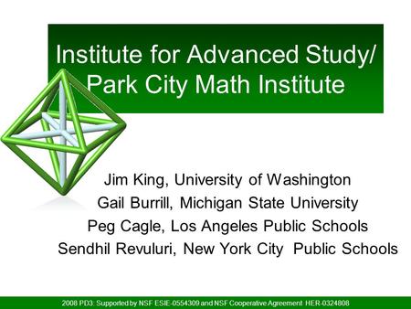 Institute for Advanced Study/ Park City Math Institute Jim King, University of Washington Gail Burrill, Michigan State University Peg Cagle, Los Angeles.