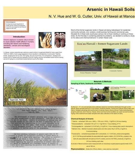 Arsenic in Hawaii Soils N. V. Hue and W. G. Cutler, Univ. of Hawaii at Manoa Introduction: Chronic exposure to arsenic (As) is known to cause adverse health.