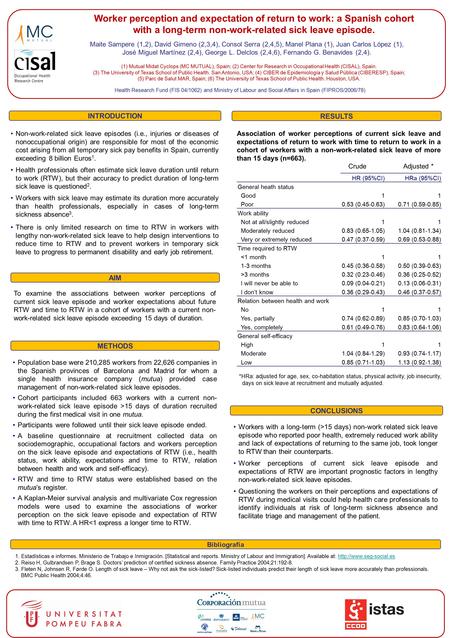 Worker perception and expectation of return to work: a Spanish cohort with a long-term non-work-related sick leave episode. Maite Sampere (1,2), David.