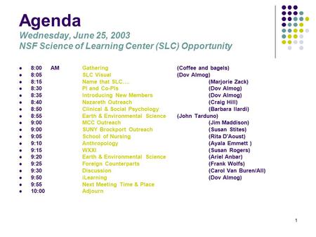 1 Agenda Wednesday, June 25, 2003 NSF Science of Learning Center (SLC) Opportunity 8:00AMGathering (Coffee and bagels) 8:05SLC Visual (Dov Almog) 8:15Name.