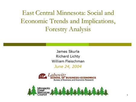 1 East Central Minnesota: Social and Economic Trends and Implications, Forestry Analysis James Skurla Richard Lichty William Fleischman June 24, 2004.