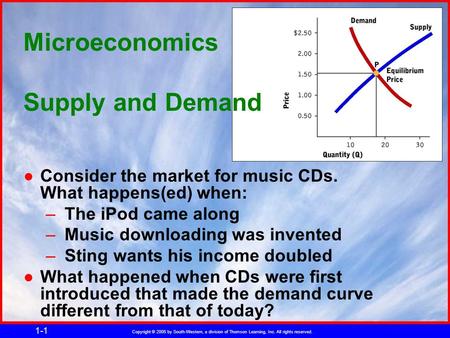 Copyright © 2005 by South-Western, a division of Thomson Learning, Inc. All rights reserved. 1-1 Microeconomics Supply and Demand ●Consider the market.