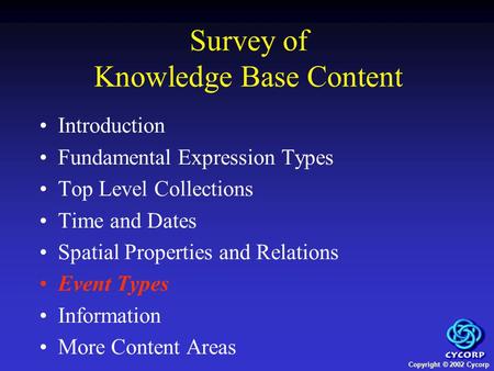 Copyright © 2002 Cycorp Introduction Fundamental Expression Types Top Level Collections Time and Dates Spatial Properties and Relations Event Types Information.