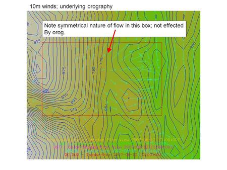 10m winds; underlying orography Note symmetrical nature of flow in this box; not effected By orog.