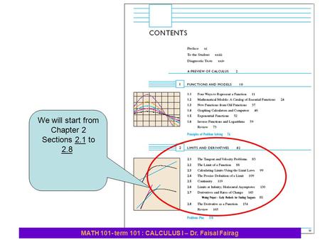 We will start from Chapter 2 Sections 2.1 to 2.8 MATH 101- term 101 : CALCULUS I – Dr. Faisal Fairag.