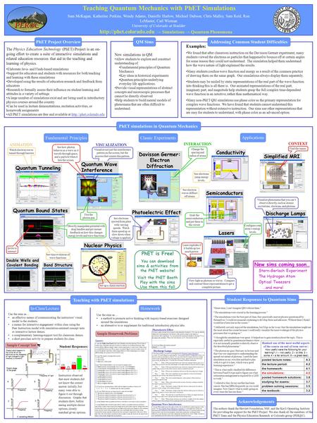 Teaching Quantum Mechanics with PhET Simulations Sam McKagan, Katherine Perkins, Wendy Adams, Danielle Harlow, Michael Dubson, Chris Malley, Sam Reid,