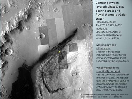 Contact between layered sulfate & clay bearing strata and fluvial channel at Gale crater Latitude/longitude: 4°46'26 S, 137°23'42 E Rationale: Alteration.