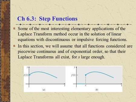 Ch 6.3: Step Functions Some of the most interesting elementary applications of the Laplace Transform method occur in the solution of linear equations.