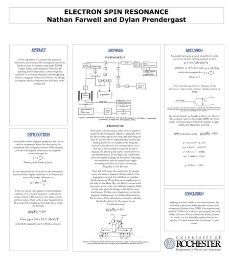 ELECTRON SPIN RESONANCE Nathan Farwell and Dylan Prendergast SYSTEM SETUP. In this experiment we examine the aspects of microwave spectroscopy. We investigated.