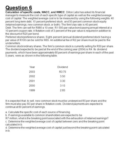 Question 6 Calculation of specific costs, WACC, and WMCC. Dillon Labs has asked its financial manager to measure the cost of each specific type of capital.