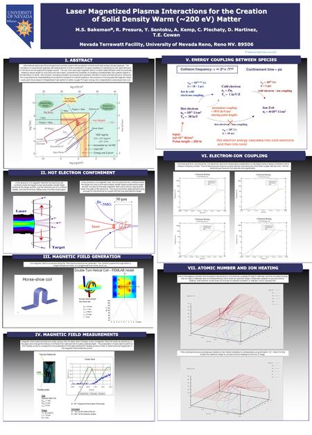 Laser Magnetized Plasma Interactions for the Creation of Solid Density Warm (~200 eV) Matter M.S. R. Presura, Y. Sentoku, A. Kemp, C. Plechaty,