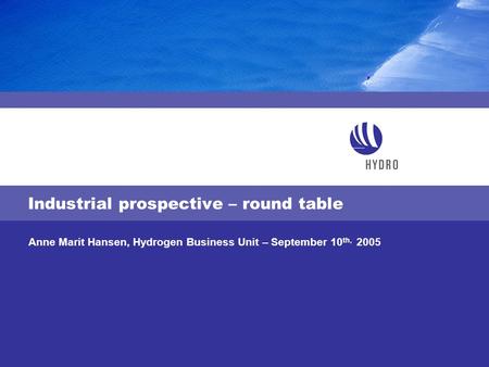 Anne Marit Hansen, Hydrogen Business Unit – September 10 th, 2005 Industrial prospective – round table.