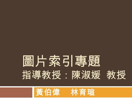 圖片索引專題 指導教授：陳淑媛 教授 黃伯偉 林育瑄. 動機 & 理念  目前圖像檢索系統中使用的大多都為利用文字 標籤圖像或是圖像輪廓特徵來進行搜尋，然而 輪廓特徵的缺點卻是所有組成圖像的線條都要 逐一處理相當耗時。  所以本研究的目標在於，提出一個以像素點為 特徵的有效率與正確率的圖像檢索演算法實作。