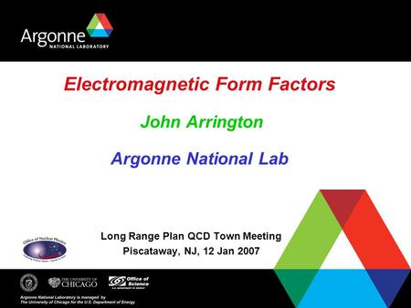 Electromagnetic Form Factors John Arrington Argonne National Lab Long Range Plan QCD Town Meeting Piscataway, NJ, 12 Jan 2007.