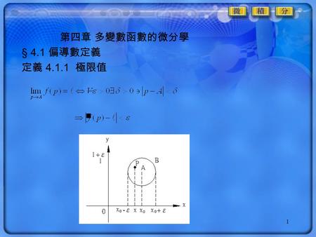 1 第四章 多變數函數的微分學 § 4.1 偏導數定義 定義 4.1.1 極限值 ■. 2 定理 4.1.1 極限值的基本定理 (1) 極限值的唯一性 : 若 存在，則 其值必為唯一。 (2) 若 且 ( 與 為常數 ) ， 則 且 為常數且.