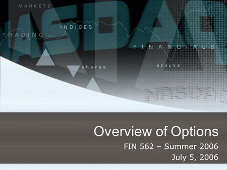 Overview of Options FIN 562 – Summer 2006 July 5, 2006.