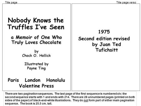 1975 Second edition revised by Juan Ted Tufichsitt Nobody Knows the Truffles I’ve Seen a Memoir of One Who Truly Loves Chocolate by Chock O. Hollick Illustrated.