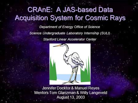 CRAnE: A JAS-based Data Acquisition System for Cosmic Rays Jennifer Docktor & Manuel Reyes Mentors Tom Glanzman & Willy Langeveld August 13, 2003 Department.